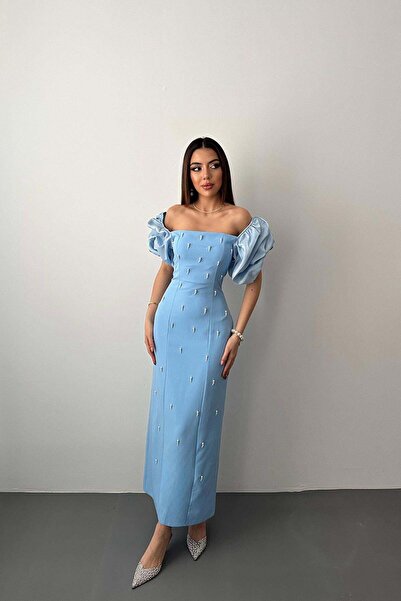 Clothes Fast Women's Baby Blue Dress Midi Square Neck Balloon Sleeves Beaded ...