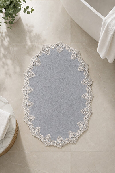 Teksev Gray Embroidered Non-Slip Base Bath Mat Lace-Up Washable Bathroom Set ...