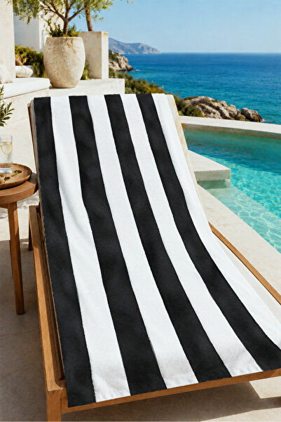 Evmila Black and White Thick Vertical Striped Patterned 70X150 Beach Towel - ...