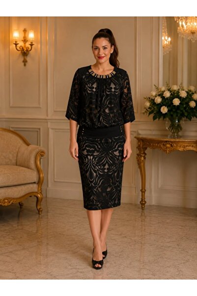 OEM Rochie de ocazie neagra, maneca trei-sferturi si dantela in fata