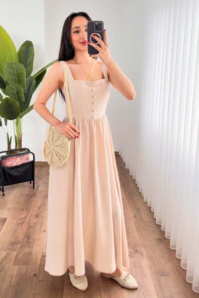 Moda Days Women's Beige Thick Strap Square Neck Button Detailed Gathered Long...