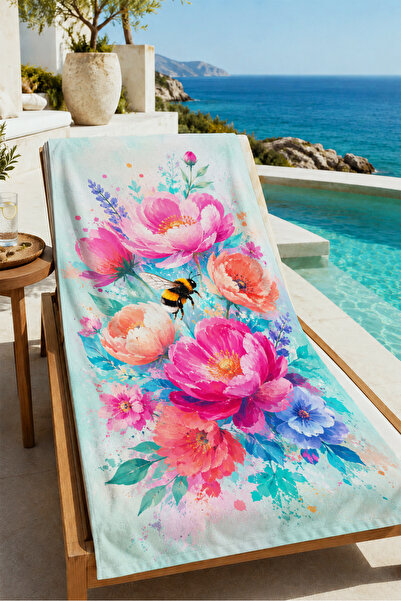 Evmila Pastel Watercolor Pink Flower Bouquet Blue Patterned 70X150 Beach Towe...