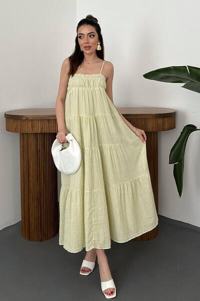 Clothes Fast Women's Green Thin Strap Gipeli Striped Layered Maxi Muslin Summ...