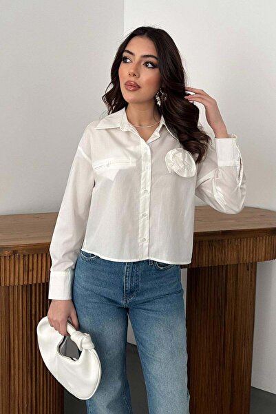 Moda Days Women's White Floral Appliqué Fleto Pocket Poplin Long Sleeve Butto...
