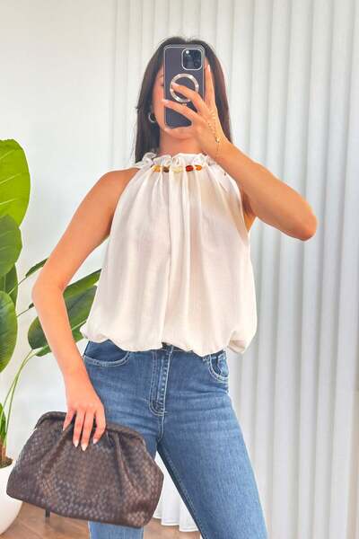Clothes Fast Women's White Beaded Detailed Halter Neck Flowy Balloon Cut Slee...