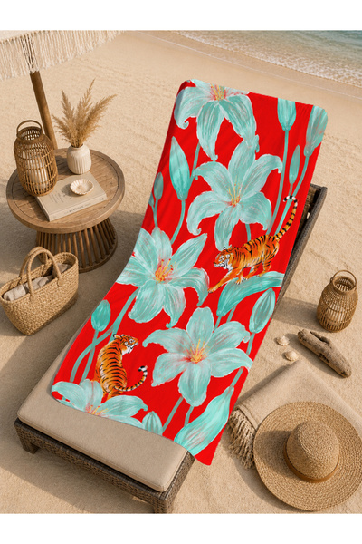 Evmila Maximalist Tiger and Turquoise Floral Pattern 70X150 Beach Towel - Dig...