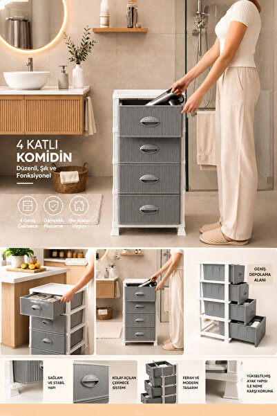 Porsima 0704 4 Katlı Still Komodin Beyaz/Gri Çekmeceli Sebzelik-Oyuncak Sepet...