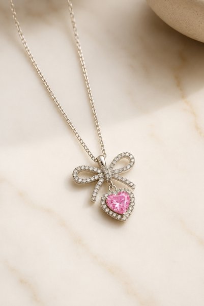 Silvanya Jewelry 925 Ayar Gümüş Pembe Kalp Taşlı Fiyonk Kadın Kolye
