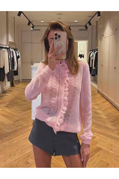 banessa Stylish and Minimalist Pink Women's Knitwear Cardigan with Ruffles