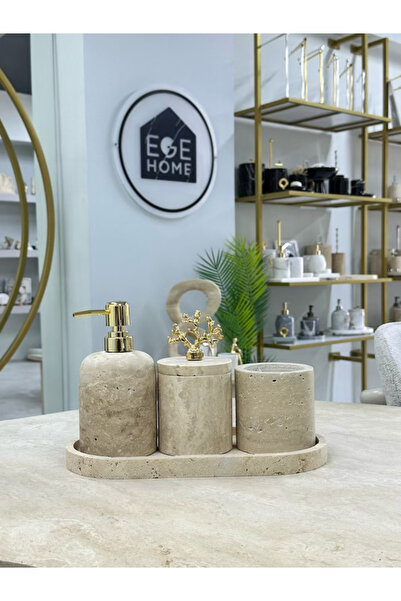 ege gross Decorative Travertine Natural 4-Piece Bathroom Set with Gold Details