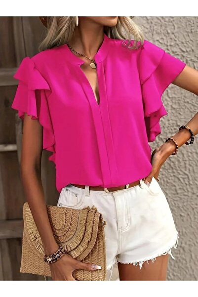 Generic Brand Women's Short Sleeve V High Neck Dubai Blouse with Ruffled Sleeves