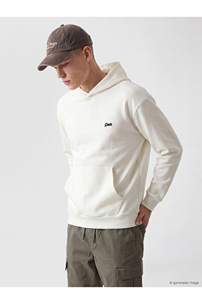LC Waikiki Ecru Kangaroo Pocket Embroidered Men's Thick Hoodie