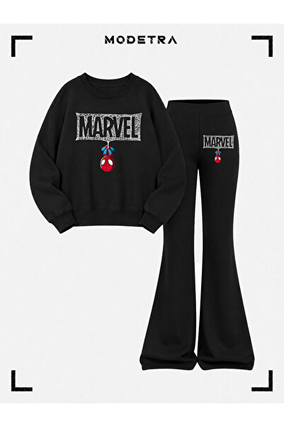 Modetra Girl's Marvel Spi Printed 2-Piece Black Cotton Winter Crew Neck Sweat...