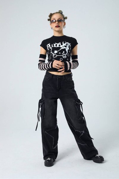 BECRET Black Star Patched Vintage Cargo Pocket Baggy Jeans