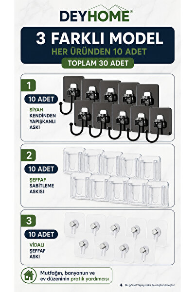 DEYHOME 30-Piece Mixed Self-Adhesive Hanger Set – 10 Black Hangers, 10 Transp...