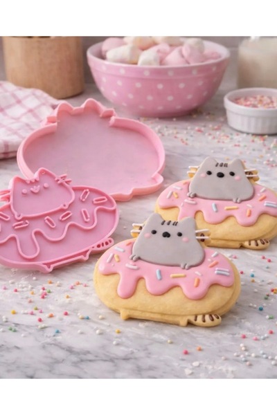 STRAWLİN MAISON Cat-Shaped Donut Cookie Mold 2-Piece Set with Stamp and Stamp...