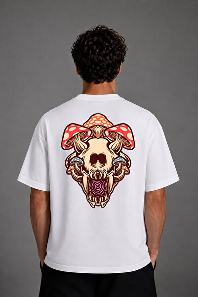 VSRN Μπλουζάκι Tiger Mashroom Design με στάμπα στην πλάτη, λευκό, oversized
