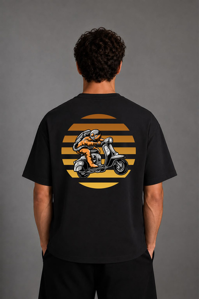 VSRN Tricou negru supradimensionat cu imprimeu pe spate cu design Biker Astro...