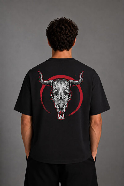 VSRN Tricou oversize negru cu imprimeu pe spate cu design Skull Bull