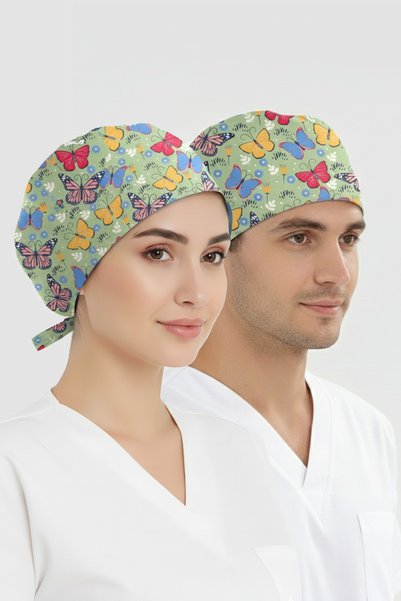 ÇİZGİ MEDİKAL Kelebek Bahçesi Desenli Bone (Cotton Likra Kumaş)
