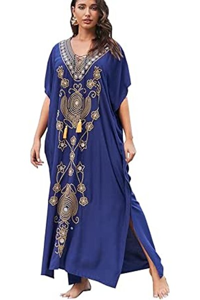 YouKD Summer Cotton Embroidered Floral Loose Caftan Boho Beach Bikini Cover U...