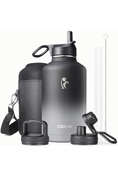 Coolflask زجاجة ماء معزولة سعة 1.9 لتر من الفولاذ المقاوم للصدأ مع قش و3 أغطي...