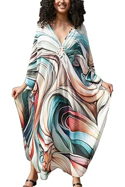 YouKD Maxi Dress V-Neck Kaftan Boho Robes Beach Cover-ups Dress Maxi Garment ...