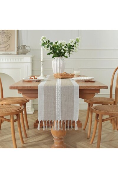 Generic Brand Table runner, bohemian style, cream, country style, with tassel...