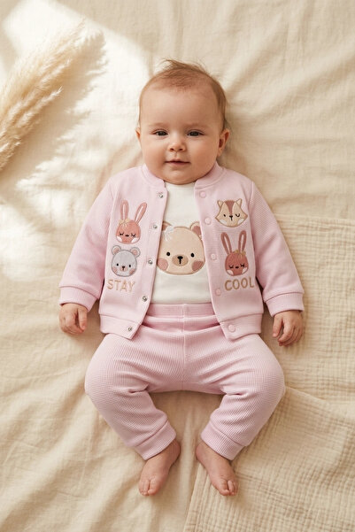 Babydonat Rabbit Embroidered Waffle Textured Embroidered 3-Piece Baby Set - 1...