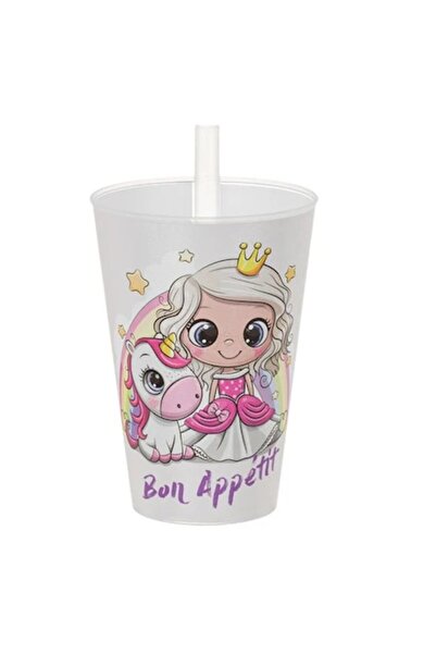 CATIANO Pahar de plastic alb cu pai încorporat cu unicorn prințesă, 400ml