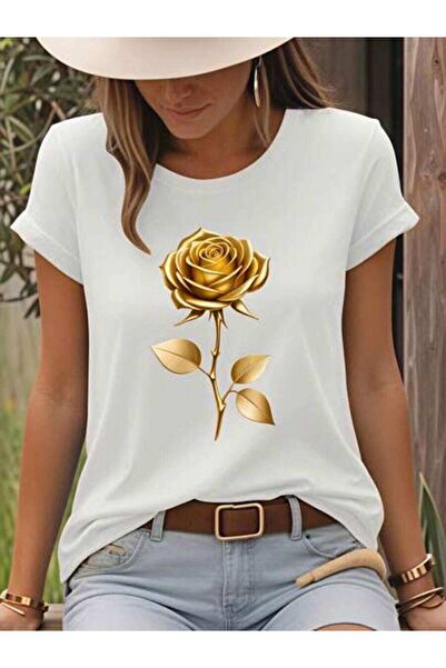 k222 Golden Rose, Women's Elegant Floral Design, Pure Cotton T-Shirt, Summer ...