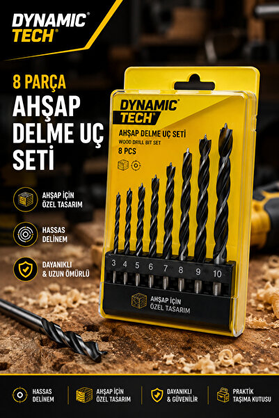 DynamicTech Profesyonel 8 Parça Ahşap Delme Uç Seti 3-10 mm Matkap Ucu Mdf Sunta Kontrplak Uyumlu