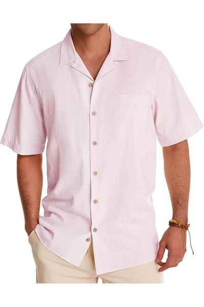 GENERAL Men's Hawaiian Linen Shirt Short Sleeve Button down Cuban Collar Cott...