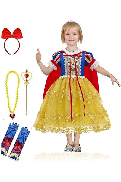 fitto Snow White Princess Dress With Buffed Shoulders Neckless, Headband, Tia...