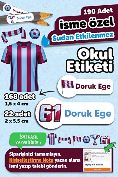 MSticker 190 Adet Kişiye Özel Okul Etiketi İsimli Kalem Defter Suluk Etiket D...