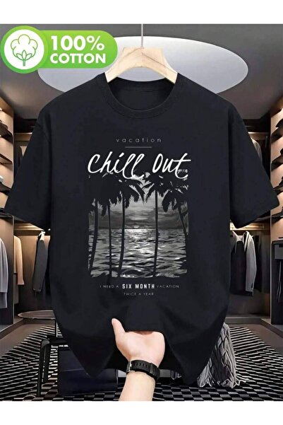 4Car تي شيرت رجالي بطبعة أشجار النخيل الاستوائية مع نص "Chill Out"، قماش ناعم...