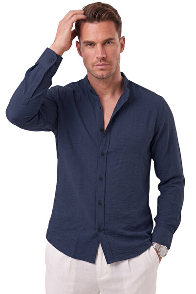 DeepSEA Men's Navy Blue Hakim Collar Shirt Relaxed Fit Lycra Cotton Wrinkle-F...