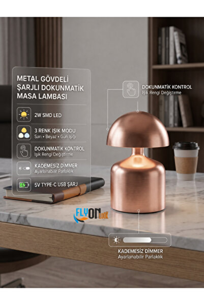 FLYONLOOK Mini Şarjlı Dokunmatik Metal Masa Lambası, 3 Renk Işıklı, Kademesiz...