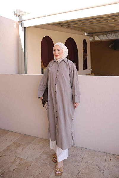 İmajButik Brown Striped Long Loose Tunic