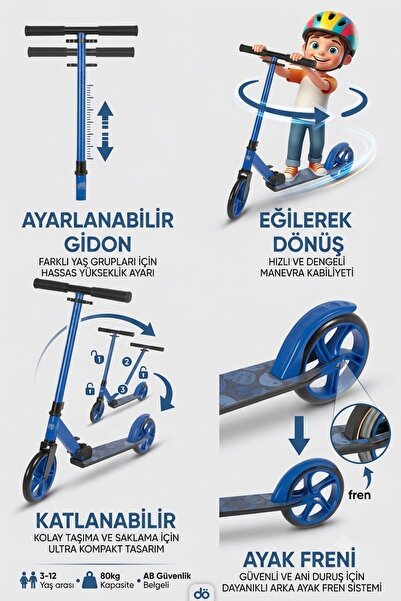 PlayZen 2 Tekerlekli Çocuk Scooter Büyük Tekerlekli Katlanabilir Ayarlanabilir Gidonlu Ayaklıklı Yeşil