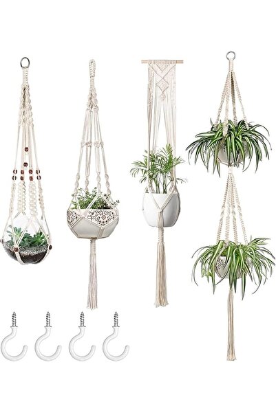 KASTWAVE Macrame Plant Hangers Set, 4 Pcs Macrame Plant Hangers with Pots and...