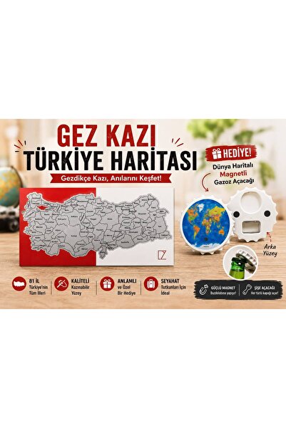DZ Gez Kazı Magnet TÜRKİYE HARİTASI,Gazoz Açacağı Hediyeli 10*20 cm 81 il gez...