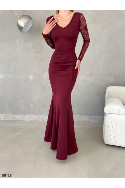 Modafeminen فستان سهرة بتصميم ذيل السمكة باللون العنابي مع أكمام من الدانتيل ...