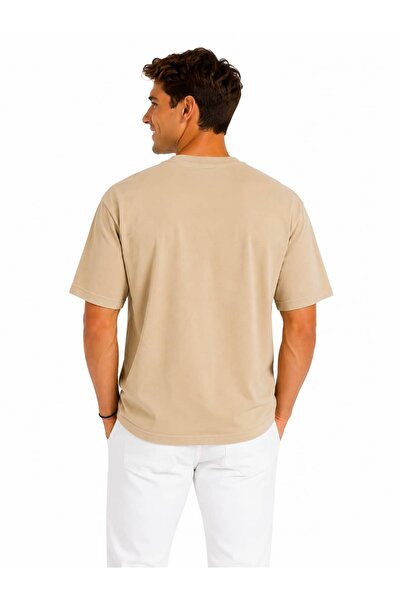 Vasto Moda Erkek Tam Oversize Kalıp Kalın Dokulu %100 Organik Pamuk Bisiklet Ribana Yakalı Bej T-Shirt