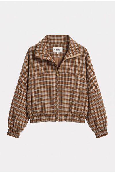 it's basic Women's Brown Plaid W6-32 Oversize Belted Design Jacket