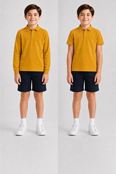 ROZELT 100% Cotton Mustard Long Sleeve & Short Sleeve 2 Piece Polo Collar T-S...