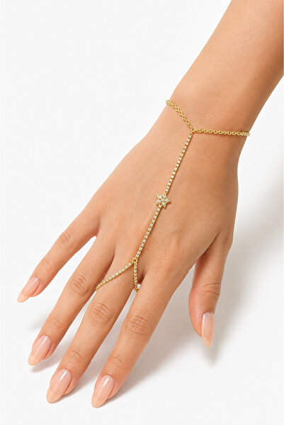 Hayalperest boncuk Gold Color Stone Star Detailed Shahmeran Women's Hand Acce...