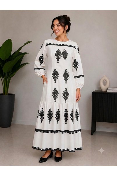 YNS Plus Size Ethnic Patterned Viscose Long Sleeve Belted Dress (Different Colors)