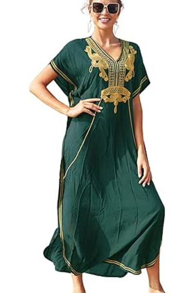 YouKD Embroidered Floral Kaftan Bohemian Beach Dress Bikini Coverups Long Bat...