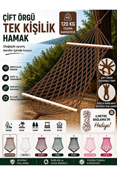 ASG ÇİFT ÖRGÜ RENKLİ İPTEN EL ÖRGÜSÜ TEK KİŞİLİK ŞIK HAMAK 120 KG TAŞIMA KAPA...